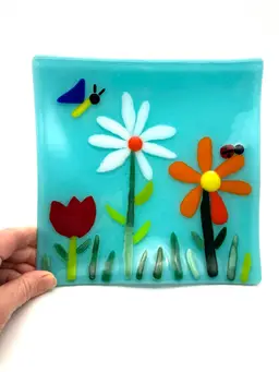 21 - Fused Glass Flowers With Butterfly And ladybug Wavy Edge Trinket  Dish Plate 8”