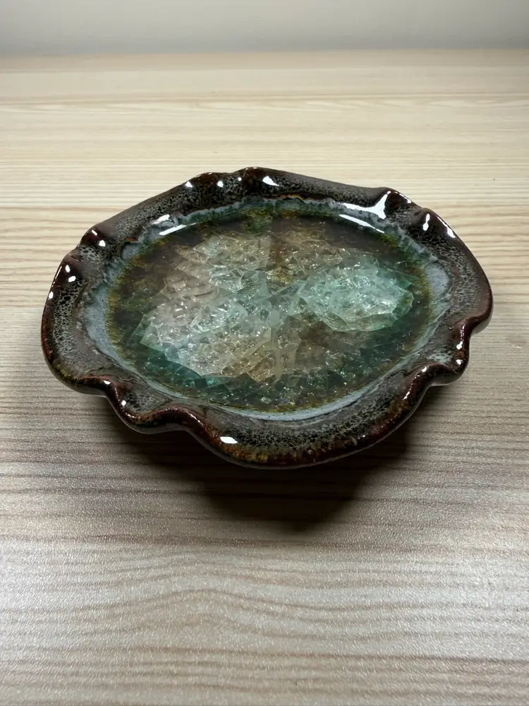 Green and Tan Pottery Trinket Dish With Crackle Glass Center