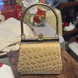 Vintage Alligator-Embossed Leather Frame Handbag With Gold-Tone Handle