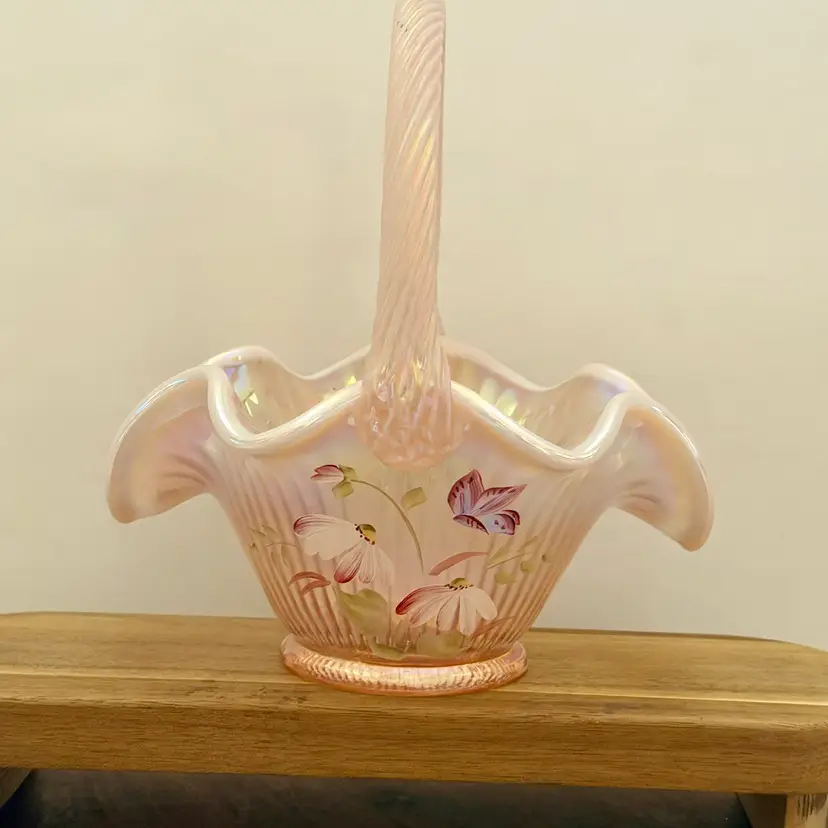 Fenton Hand Painted Butterfly & Floral Pink Iridescent Glass Basket