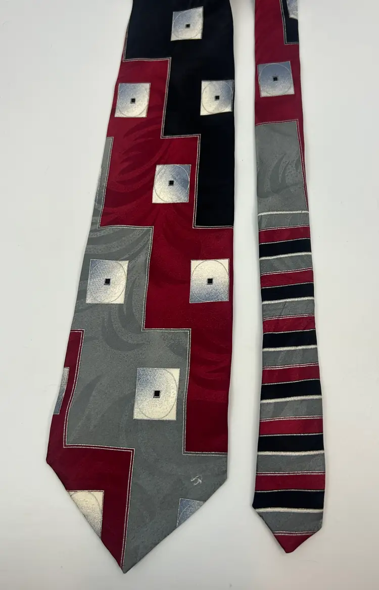 Vintage Pierre Balmain Silk Black Red Gray Geometric Design Tie 58.50" x 4"