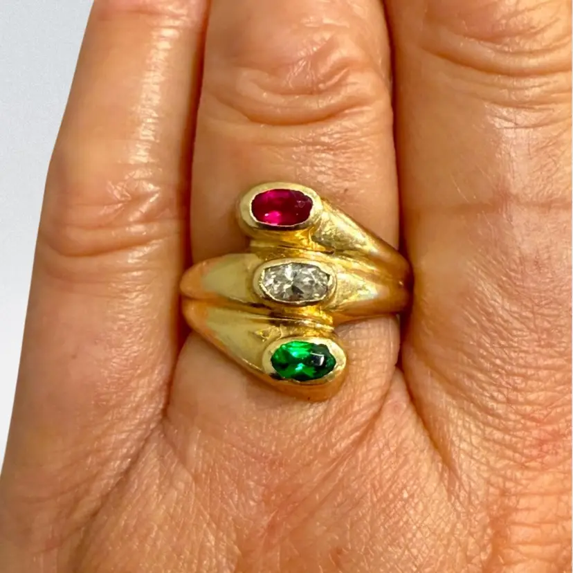 Vintage Estate 14k Solid Yellow Gold Ruby, Diamond & Emerald Ring, Size 7.5, 5g, Tested