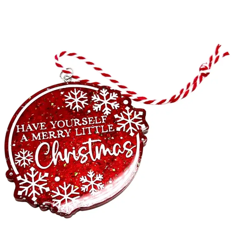 “Have Yourself A Merry Little Christmas” Red Glitter Resin 3-1/4” Ornament With Snowflakes ❄️. Handmade by me 🫶