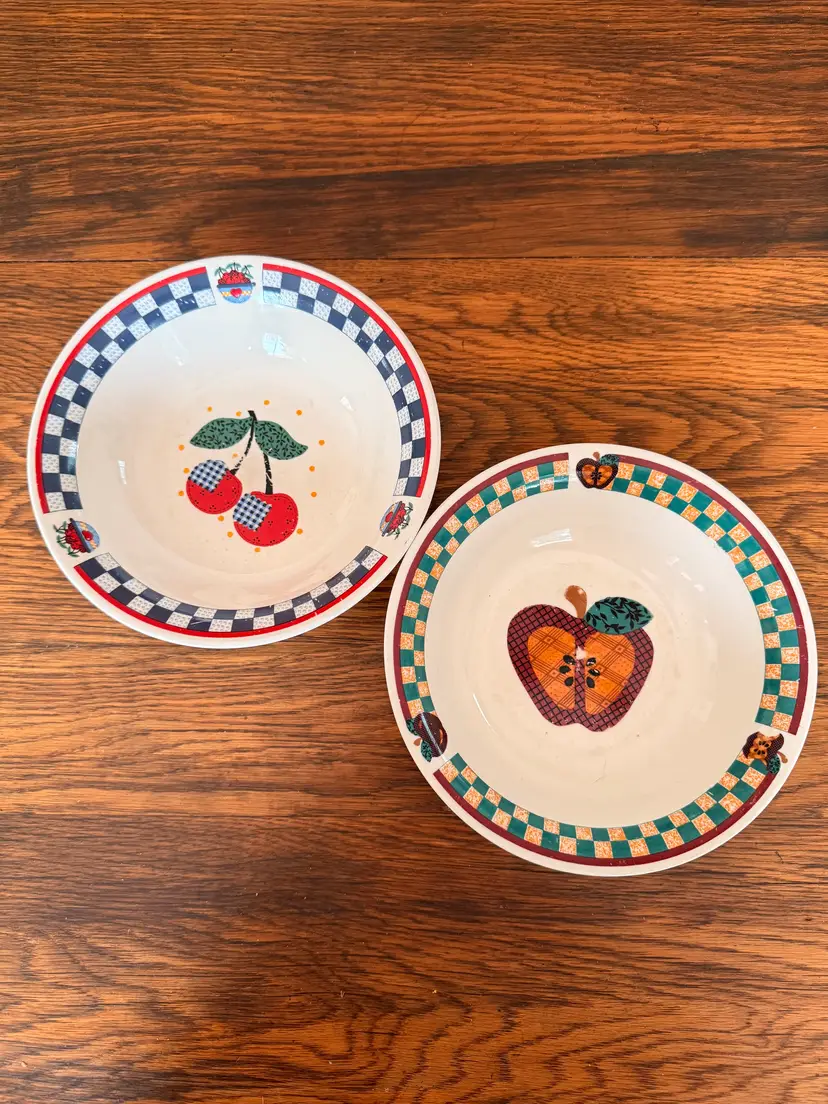 Vintage Tabletops Unlimited Fruit Bowls Set of 2 | A is for Apple & Cherry Stoneware Bowls | Country Kitchen Farmhouse Decor | 8.5 Inch Bowls