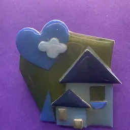 LUCINDA House Pin - This Is One Of Lucinda’s Early Pin Designs ~ 2 Houses ~ Olive Green / Shades Of Blue With A Heart And Cloud ~ Super Shiny!