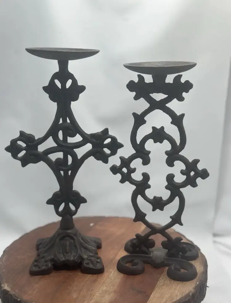 Vintage 2 Cast Metal Ornate Pillar Paperweight Risers Candle Holders