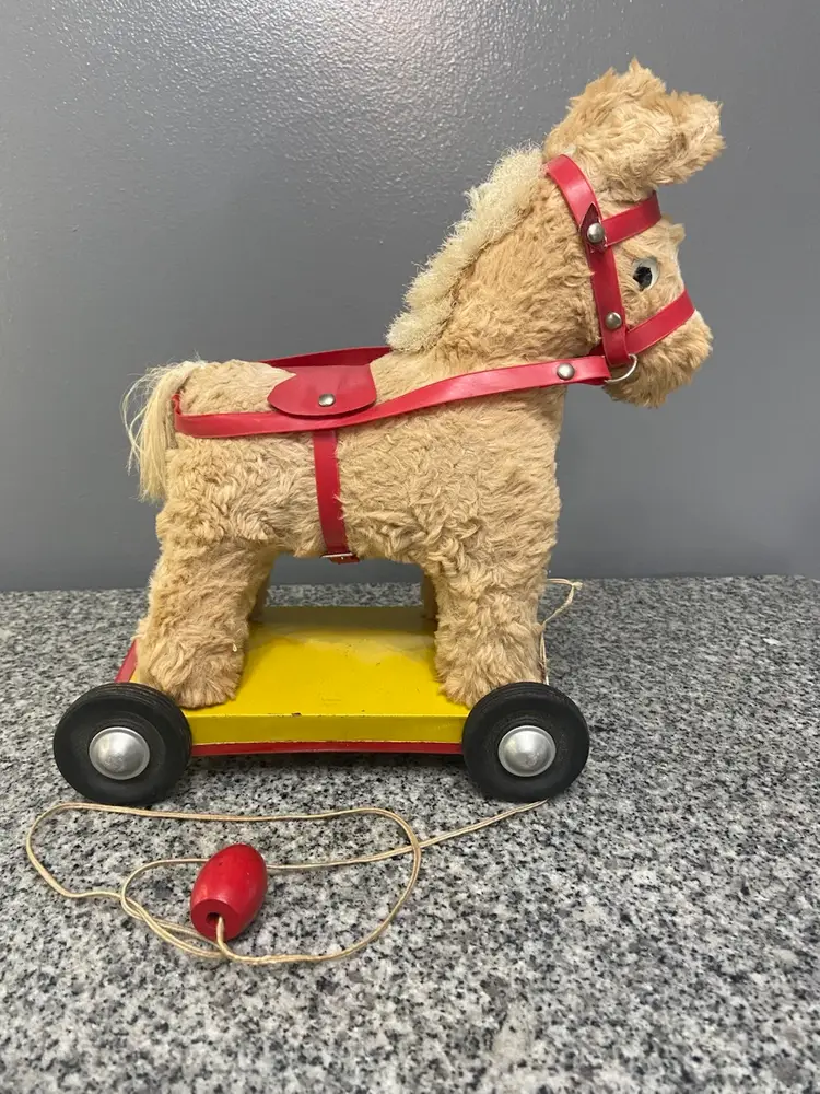 Vintage Stuffed Toy Horse On Metal Cart With Pull Cord 50s-60s Collectible Rare