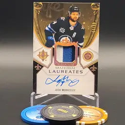 Josh Morrissey Patch Auto 2020-21 Upper Deck Ultimate Collection Signature Material Laureates Insert Numbered 63/99 Card #SML-MO - Winnipeg Jets Hockey Card