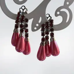 Beautiful Silver Tone Clip On Dangling Earrings With Dark Pink Teardrops Dangling From Red Prong Set Rhinestones