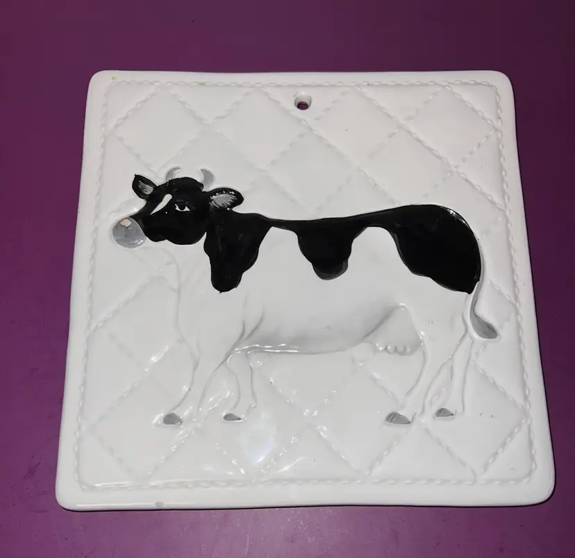 Vintage Otigiri Black And White Cow Ceramic Trivet Quilted Look 7”