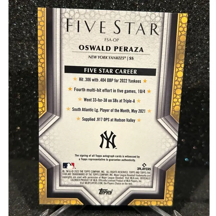 2023 Topps Five Star Oswald Peraza Rc Auto Yankees