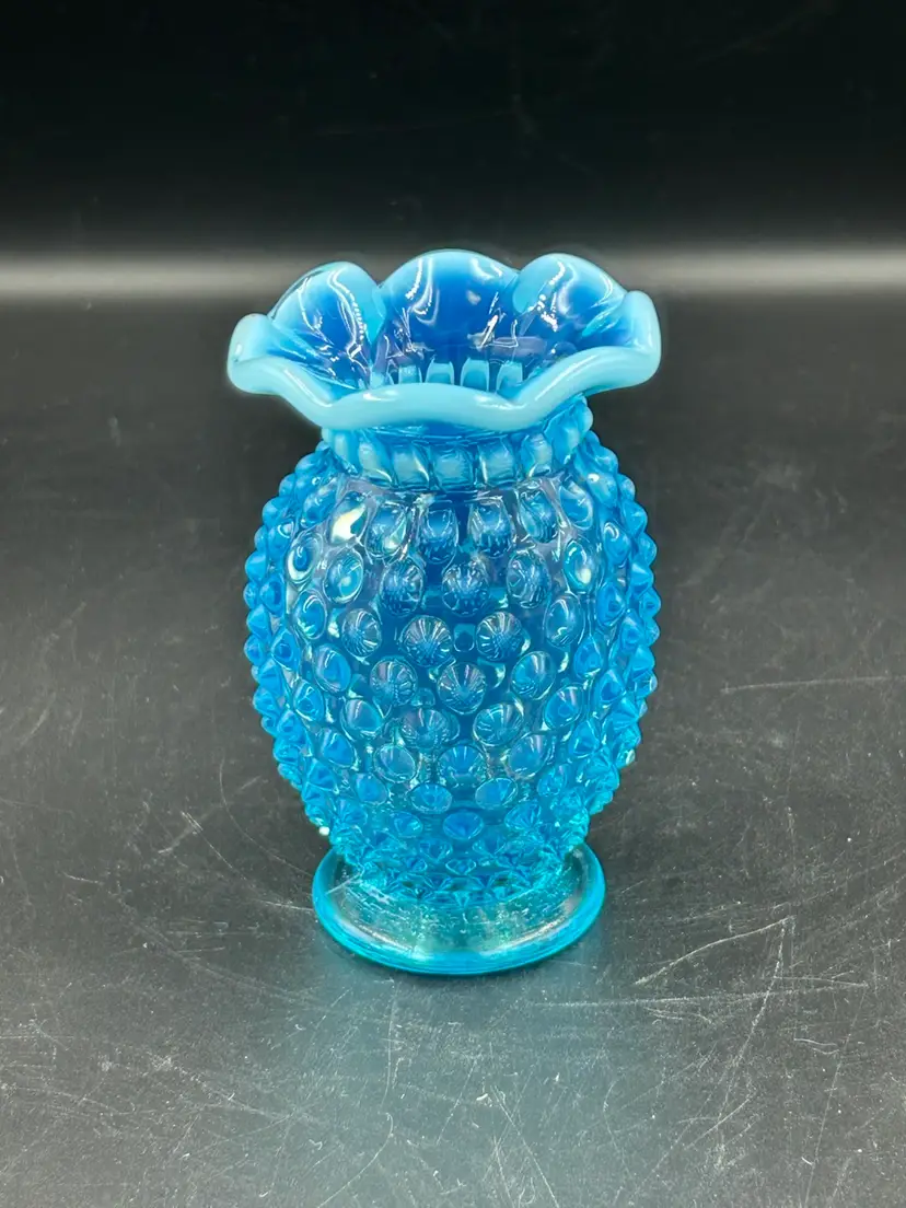 Blue Glass Opalescent Ombre’ Hobnail Ruffled Vase