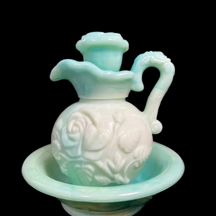 AVON Light Green Slag Glass Small Pitcher w/ Bowl & Rose Embossed Designs