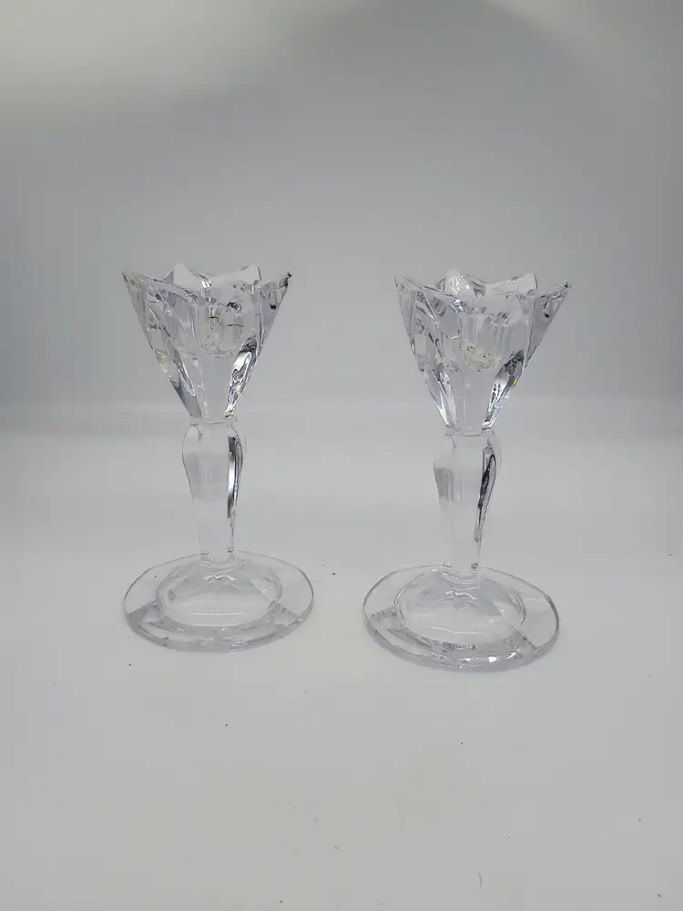 Vintage Pair of Marquis by Waterford Tulip Shaped Flora Pattern Candlesticks 6"