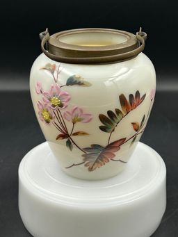 Vintage Hand, Painted Floral Biscuit Jar, Brass Handle And Rim No Lid