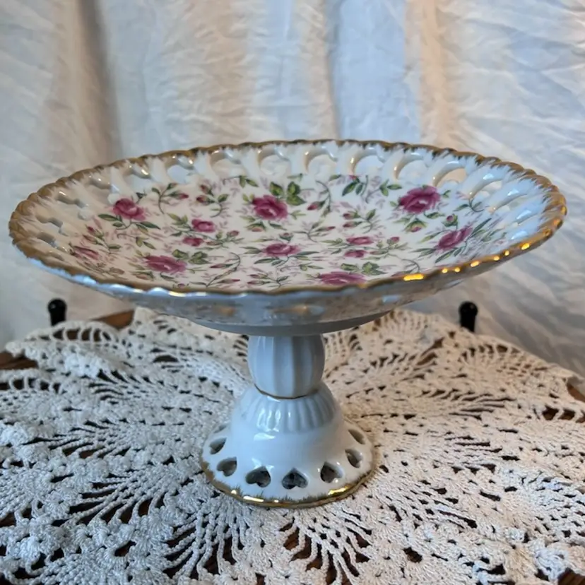 VINTAGE LEFTON ROSE CHINTZ RETICULATED TIDBIT TRAY JAPAN #650-R