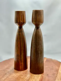 Vintage MCM Tulip Danish Design 2 Turned Teak Wood Candlestick Holder