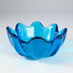 Handblown Blenko Glass Turquoise Lotus Bowl Wayne Husted 1970 Design - 5.5" w