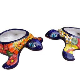 Pair Mexican Talavera Turtle Decorative Outdoor Folk Art Succulent Shallow Planters 8.5"