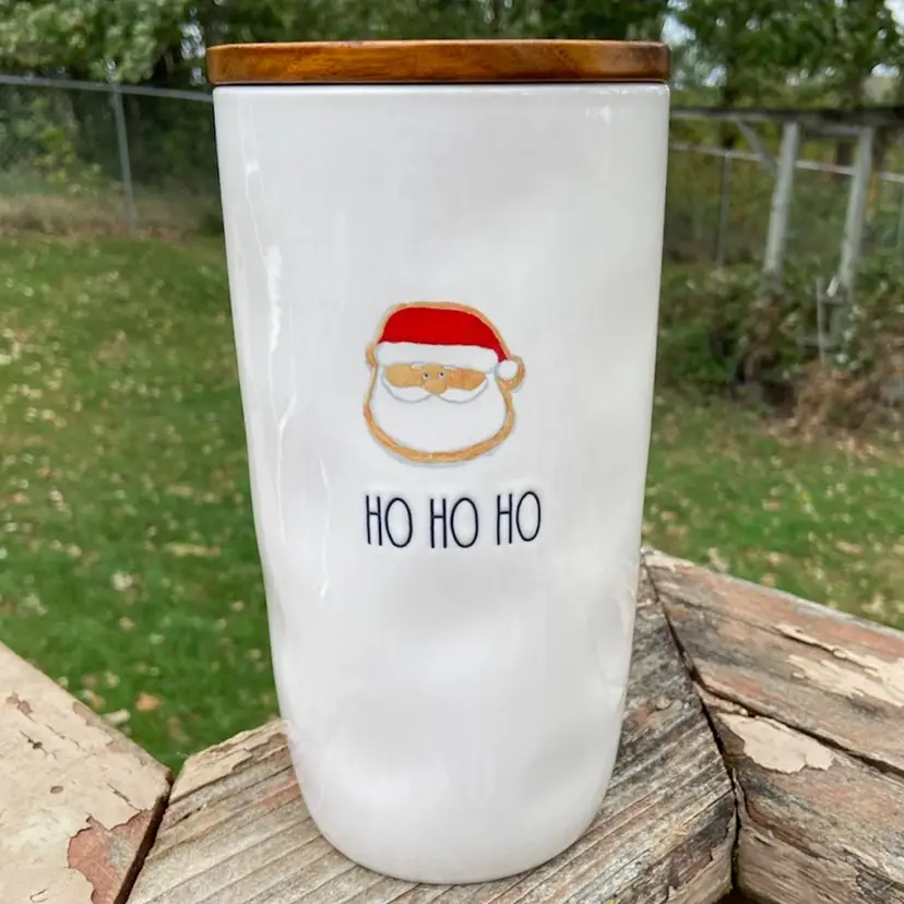 Rae Dunn “Ho Ho Ho” Santa, Canister With Wooden Lid. 8.25”h.