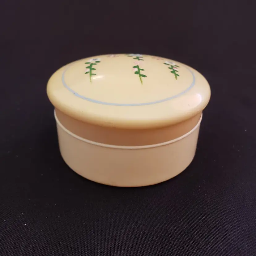 Powder Box Round Dresser Ivory Pyralin Celluloid Handpainted Floral Vintage