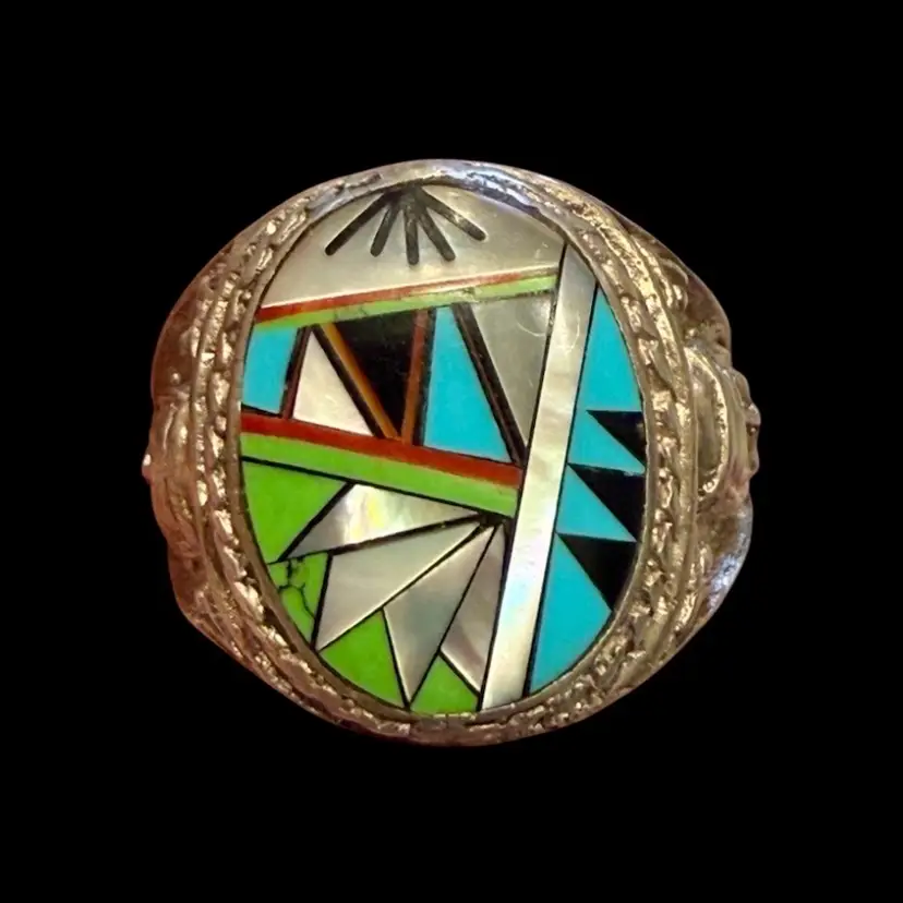 Vintage Zuni Sterling Silver Inlay Ring w/ Native American Portrait Turquoise, Coral, Onyx & MOP Size 12