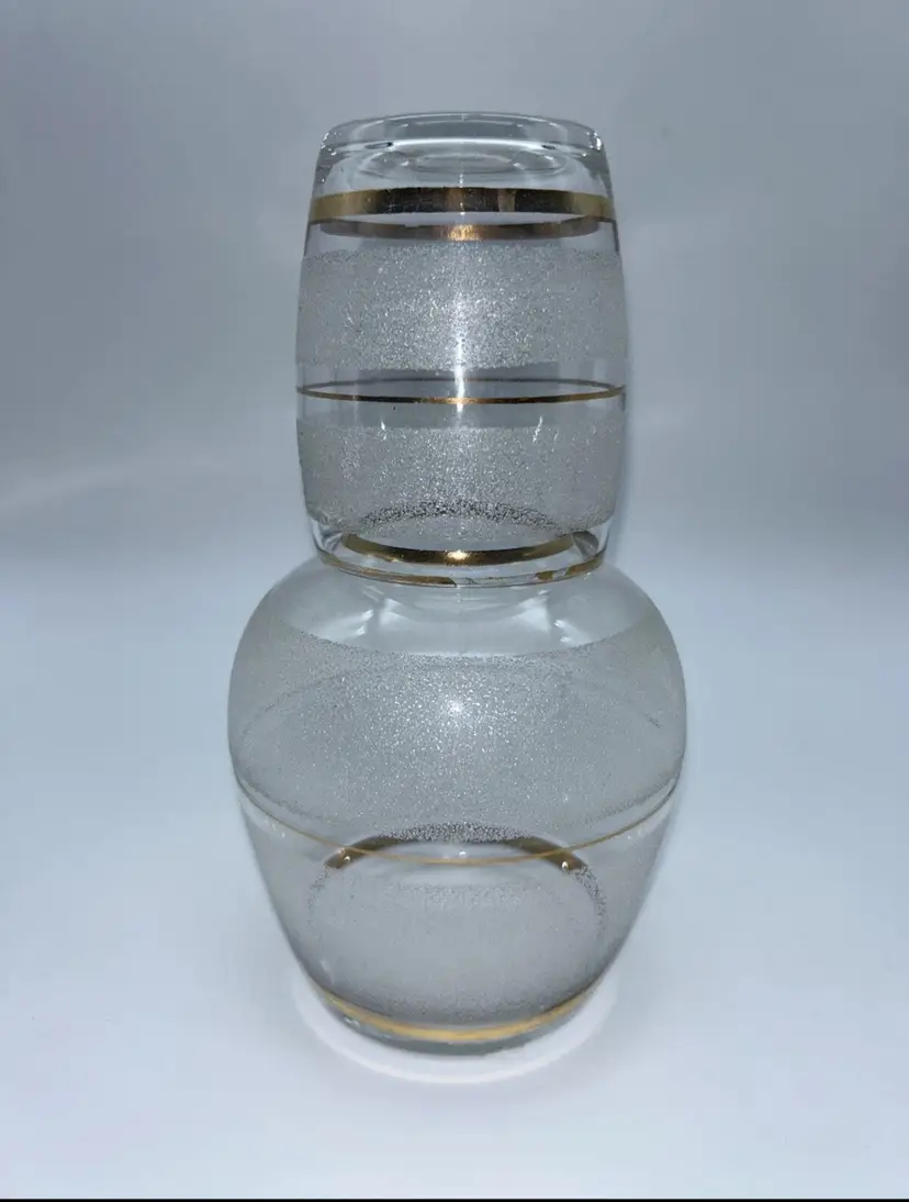 Vintage Tumble Up Carafe & Tumbler Bedside Water Clear with Gold Glass Set