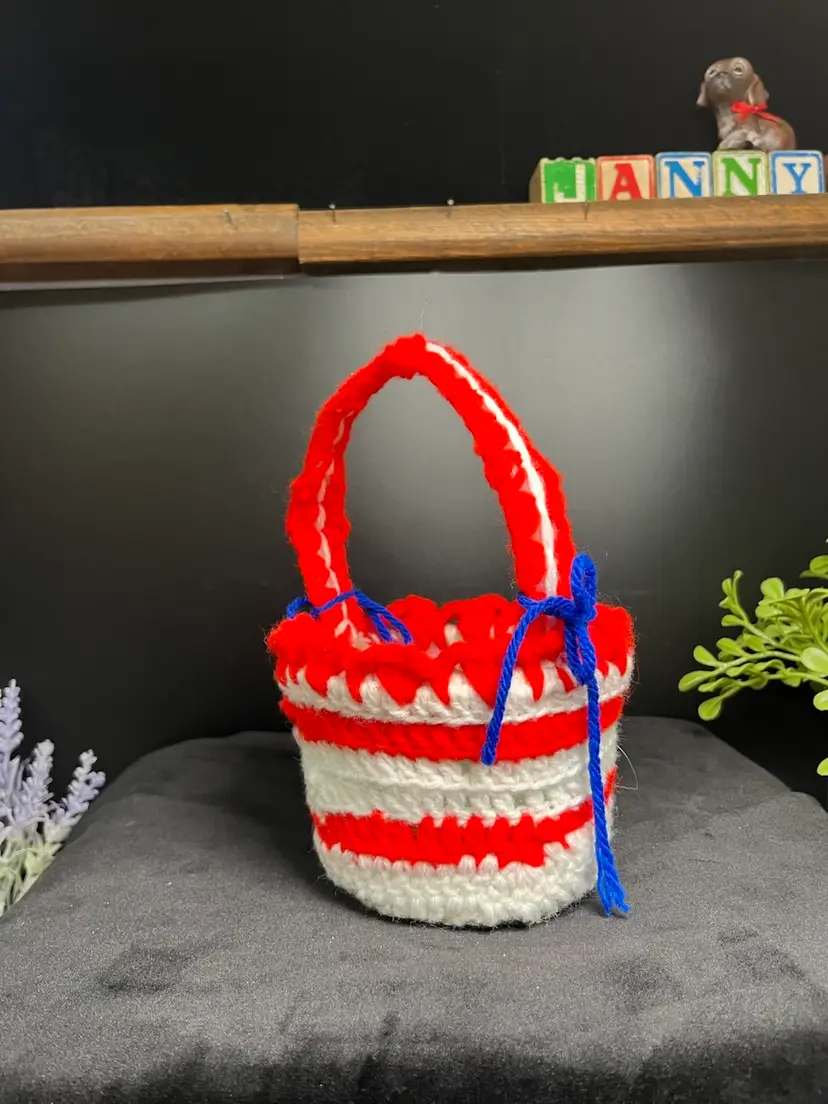 Hand Made Crochet Patriotic Red, White & Blue Basket