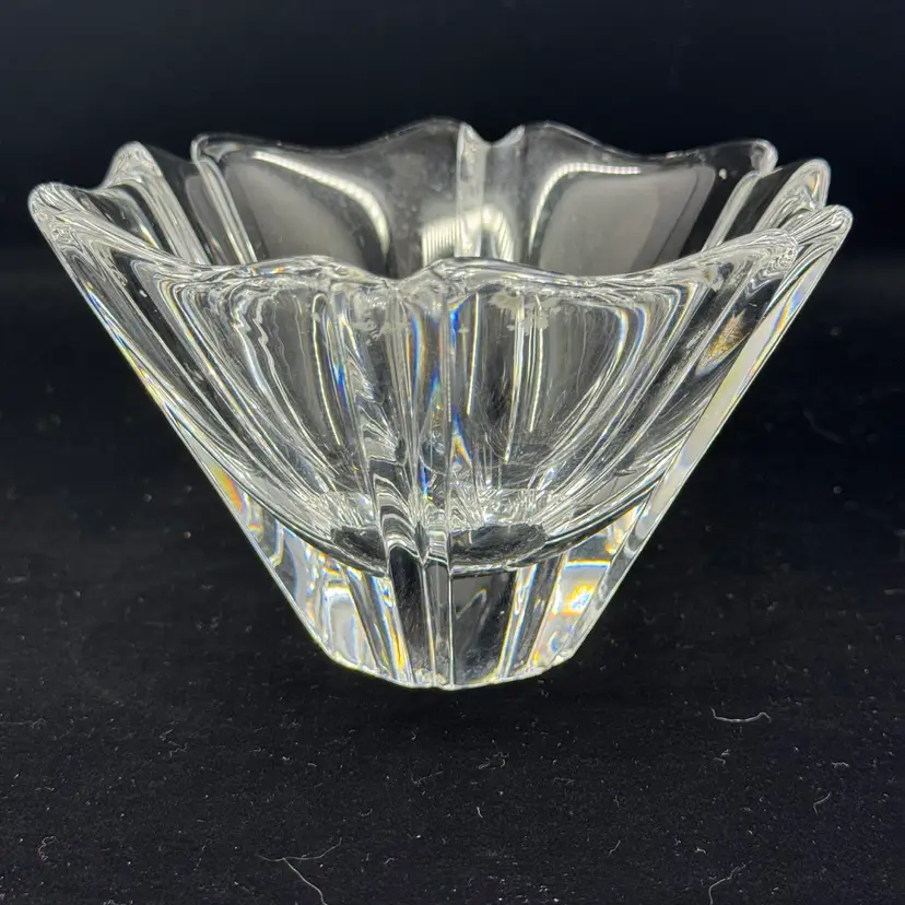 Orrefors Sweden Orion crystal bowl with faceted sides and starburst rim.