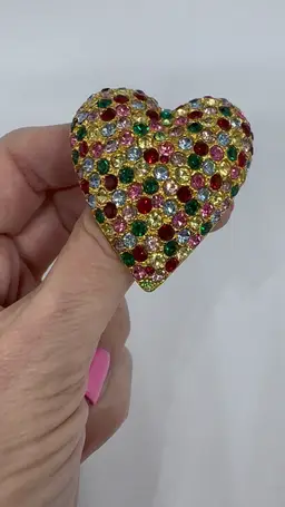 Large Vintage Fruit Salad Rhinestone Gold Tone Heart Brooch. 2 Inches