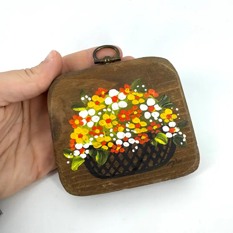 Hand Painted Wooden Plaque With Flower Basket