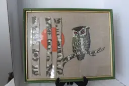 Framed Sunset Owl Picture - 1973 Crewel Embroidery - Columbia Minerva #7409