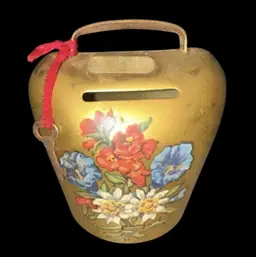 Vintage Brass Cowbell Shaped Piggy Bank With Key Applied Floral Appliqué