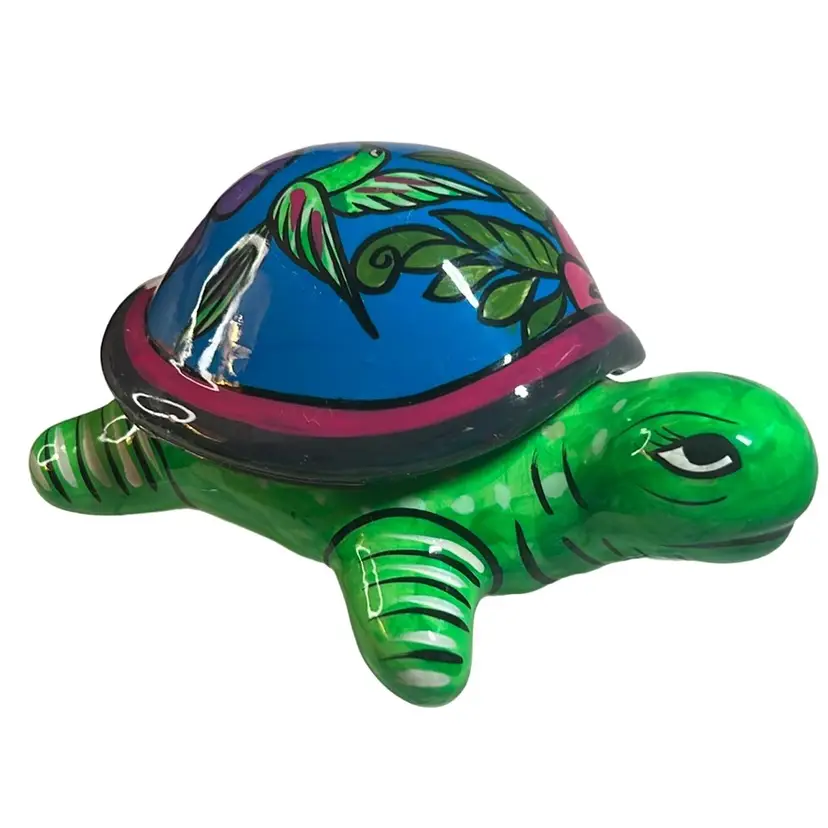 Mexican Folk Art Painted Ceramic Turtle Trinket Box 7" x 4.5" x 3.5"