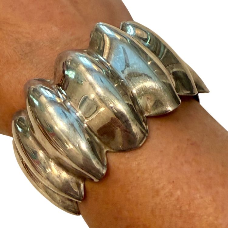 Vintage MCM Mexican Modernist Alpaca SilverTone Wavy Cuff Bracelet, 2.25” Inner Diameter, 1.5” Wide