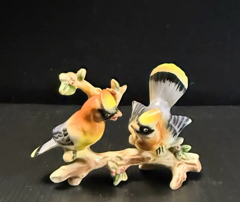 Vintage Ceramic 2 Cedar Waxwings On Branch Figurine Japan