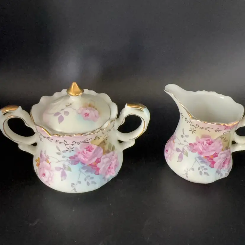 Vintage KPM Pink Rose Sugar & Creamer Set - Gold Gilt