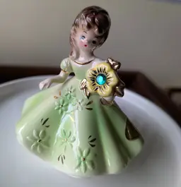JOSEF ORIGINALS May Birthday Emerald FIGURINE Girl Green DRESS Flower Bouquet 4"