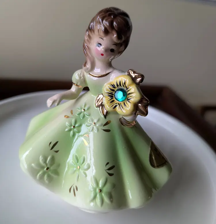 JOSEF ORIGINALS May Birthday Emerald FIGURINE Girl Green DRESS Flower Bouquet 4"
