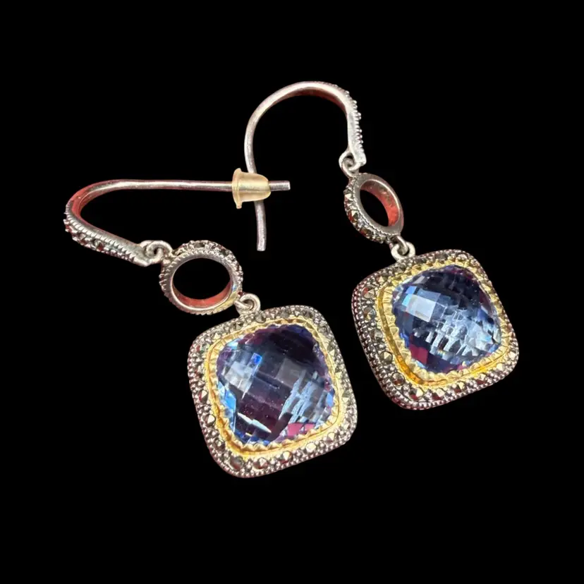 Vintage Marc Sterling 925 silver handmade square Earrings with checkerboard cut topaz and marcasite, stamped 925 Marc