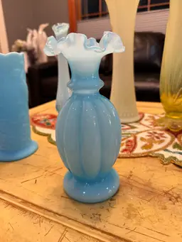 Vintage Fenton Light Blue Overlay Ruffled Melon Vase Ruffle Top apx 8.25h 4.25w
