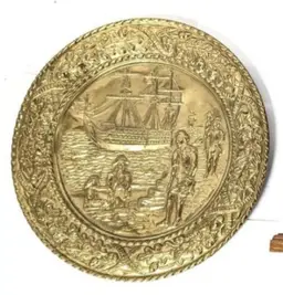 Vintage 1950s Embossed Brass Wall Plate that Depicts a Nautical Scene with a Sailing Ship