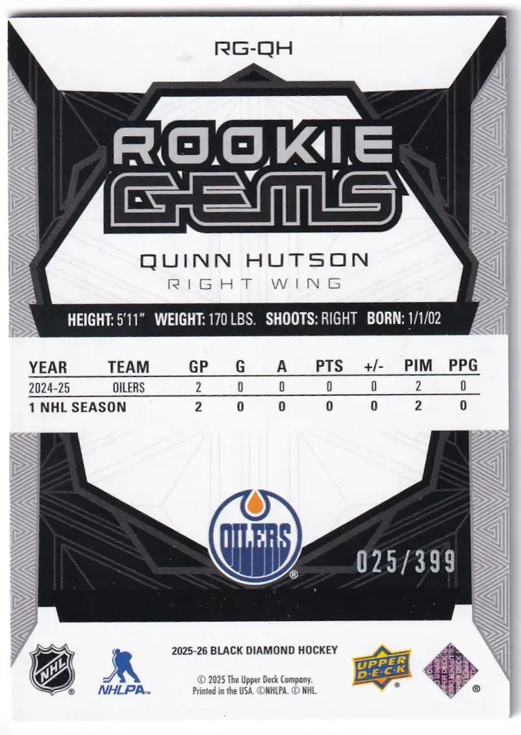 2025-26 Black Diamond Rookie Gems #RGQH Quinn Hutson Edmonton Oilers Hockey Card