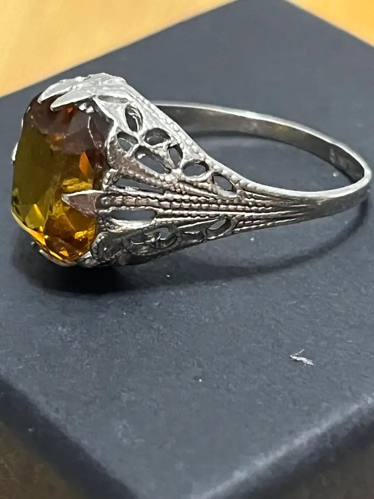 Art Deco Sterling Silver Amber Glass Ring Size 7 Open Metal Work
