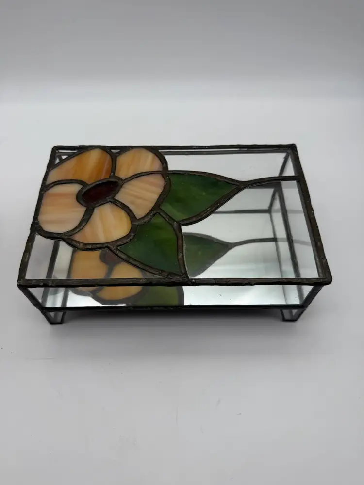 Stained Glass Mirror Rectangular Peach Toned Floral Jewelry Box