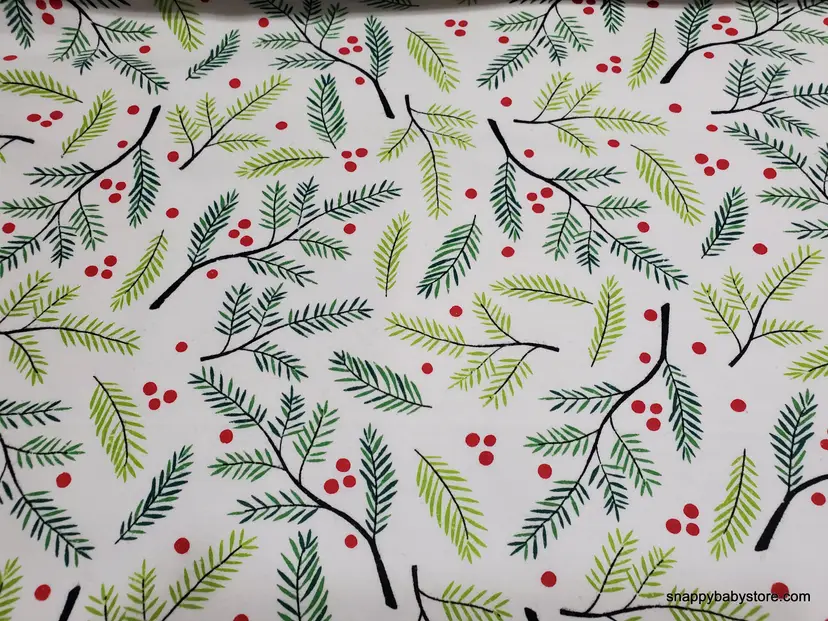 Mistletoe and Holly Flannel Fabric Remnant - 100% Cotton - Choose Size - Soft Craft & Quilting Fabric
