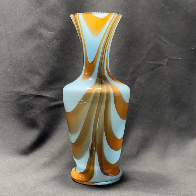 #1601 Art Glass Vase Hand Blown Blue And Brown Swirl