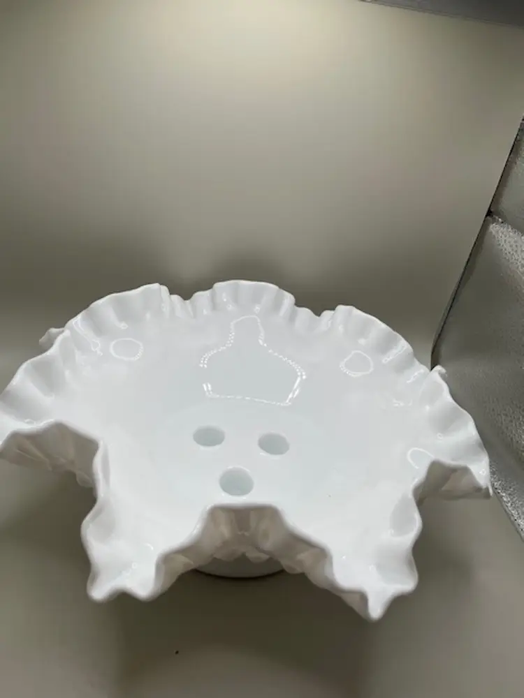 #02 Fenton White Milk Glass Ruffled Hobnail 3 Horn Epergne