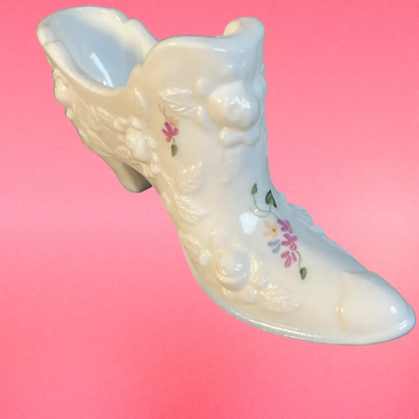 Fenton Milk Glass Slipper w/ Raised Cabbage Rose Design & Hand Painted Floral Pattern-Signed