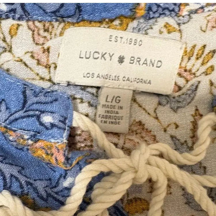 Lucky Brand Top L Cream Blue Gold Floral Tassel Tie 3/4 Sleeve Bohochic Peasant